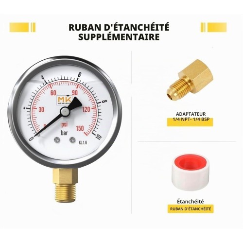 Manomètre glycérine 0-10 bar — Radial (raccord inférieur)