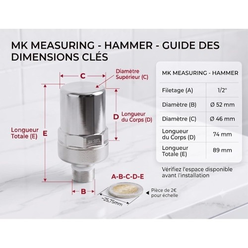 Kit anti coup de bélier 1/2" 15x21 mâle — inox 304 et laiton