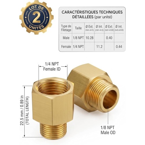 Lot de 2 adaptateurs laiton 1/4" NPT femelle vers 1/8" NPT mâle