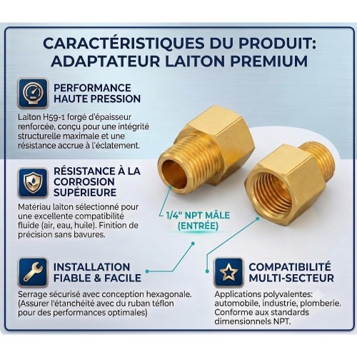 Lot de 2 adaptateurs laiton 1/4" NPT femelle vers 1/8" NPT mâle
